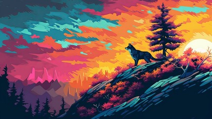 Drawing Wolf on the mountain looking at the sky Vibrant colors Generative AI