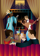 Singer and couple of people dancing in vintage costumes. Retro party in the style of the 1920-1930s. Vector illustration.