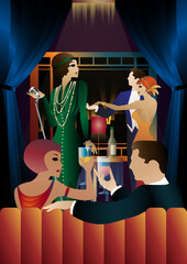 Singer and couple of people dancing in vintage costumes. Retro party in the style of the 1920-1930s. Vector illustration.