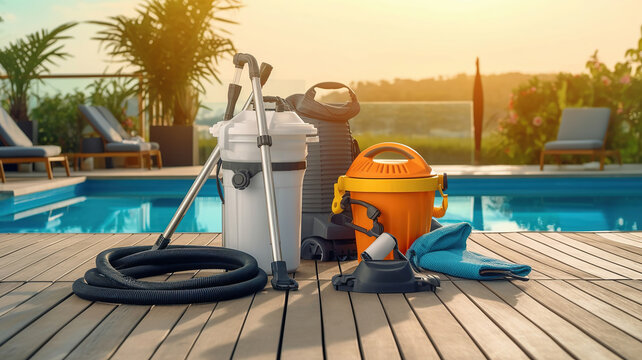 Swimming pool service and equipment with chemical cleaning products and tools on wood table and