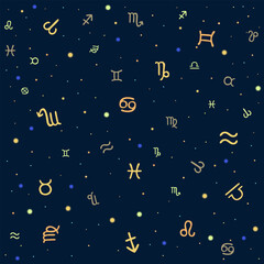 Vector seamless pattern with zodiac signs and stars. Horoscope concept.