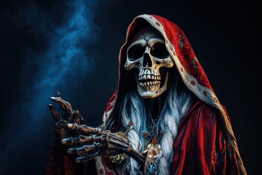 Scary zombie skeleton woman in red cloak with skull on dark background. Halloween, Day of the dead concept. Generative AI.
