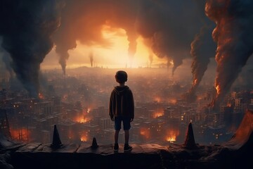 Obraz premium The child stands on the silhouette of a burning city. Destruction. Apocalypse. Generative AI.