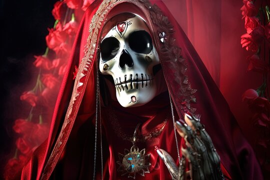 Santa muerte. A portrait of a beautiful woman in a red dress with a skull. Dia de los muertos. Day of The Dead. Halloween. Generative AI.