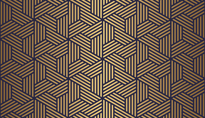 Luxury art deco seamless pattern with gold hexagon and striped line on blue background .Vector illustration.