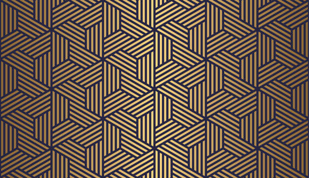 Luxury art deco seamless pattern with gold hexagon and striped line on blue background .Vector illustration.