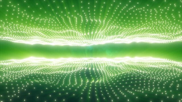 Abstract green energy waves from particles above and below the screen magical bright glowing futuristic hi-tech background