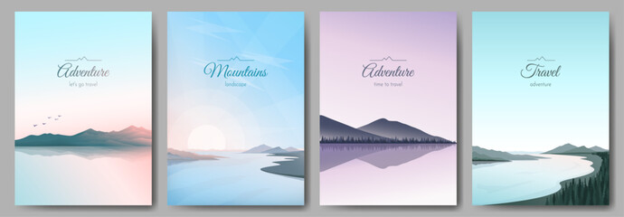 Set of posters. Mountain landscapes. A collection of vector illustrations in a minimalist style. Design for poster, background, banner, wallpaper.