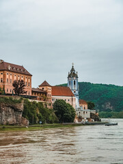 Obraz premium City of Duernstein in the Wachau Valley, Austria, from the Danube. Small European city on the river bank