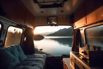 Inside a camper van overlooking a lake between mountains at dawn