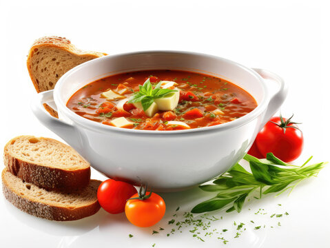Healthy meal vegetable soup bread and fresh herbs isolated on white background