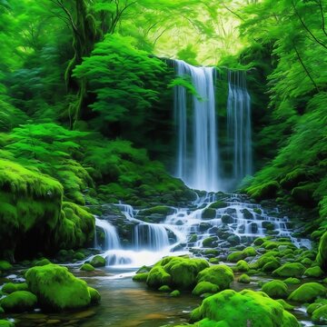 Majestic Waterfall Cascading Down a Lush Forest