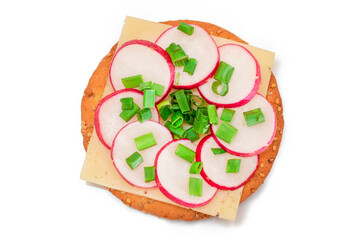 Crispy Cracker Sandwich with Radish, Cheese and Green Onions - Isolated on White. Easy Breakfast. Quick and Healthy Sandwiches. Crispbread with Tasty Filling. Healthy Dietary Snack - Isolation