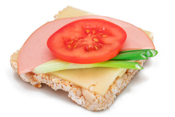 Rice Cake Sandwich with Tomato, Sausage, Green Onions and Cheese - Isolated on White. Easy Breakfast. Quick and Healthy Sandwiches. Crispbread with Tasty Filling. Healthy Dietary Snack - Isolation