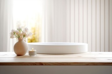 Fototapeta na wymiar Minimalist White Bathroom Interior with Empty Wooden Table Top. Generative AI