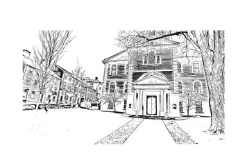 Building view with landmark of Providence is the capital city in U.S. state. Hand drawn sketch illustration in vector.