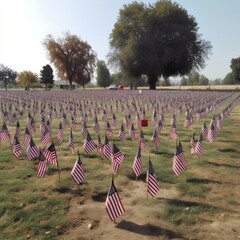 Vivid Wide Shot of Tiny US Flags at the Cemetery for Veterans. Generative AI
