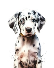 Watercolor cartoon illustration of a cute Dalmatian puppy on white background. Generative AI.