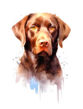 Watercolor cartoon illustration of a cute chocolate Labrador dog on white background. Generative AI.