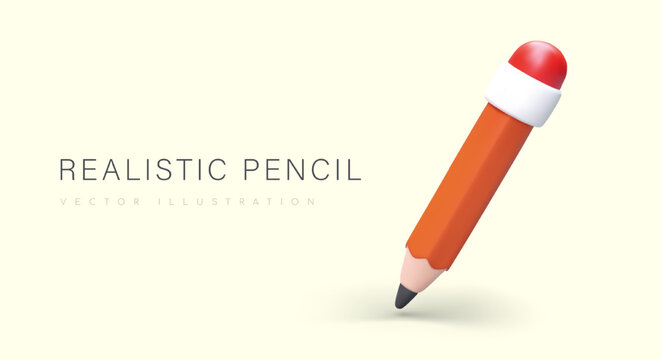 3d vector illustration with realistic orange pencil. Advertising poster for stationery store or art studio concept with place for text. Time to start draw. Colorful vector in cartoon style