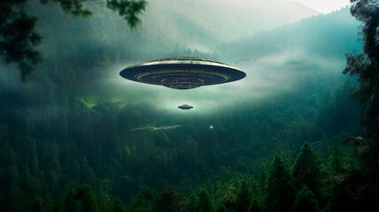 Naklejka na ściany i meble Landscape with UFOs in the sky, ai generated