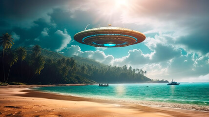 Naklejka na ściany i meble Landscape with UFOs in the sky, ai generated