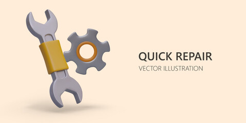 Help in setting up software and equipment. Fast repair services. Poster with 3D wrench and gear. Realistic illustration with shadow. Template for web design