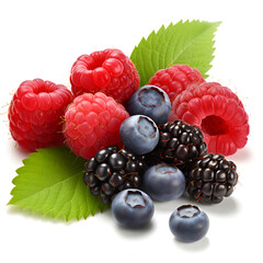 raspberry blackberry blueberry with leaves
