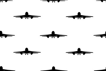 Seamless pattern with Airplane silhouette isolated on white background. Endless ornament with Boeing. Wallpaper and bed linen print. Civil aviation day banner. Vector illustration.