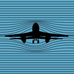 Creative art with Airplanein. Boeing Silhouette in Retro styled engraving illustration. Square vector picture. Grunge banner or poster.
