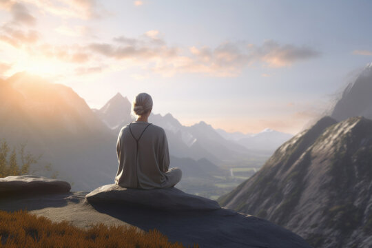 Back View of a Woman In Lotus Pose Sitting in the Mountains. Sunrise Meditation. Generative AI.