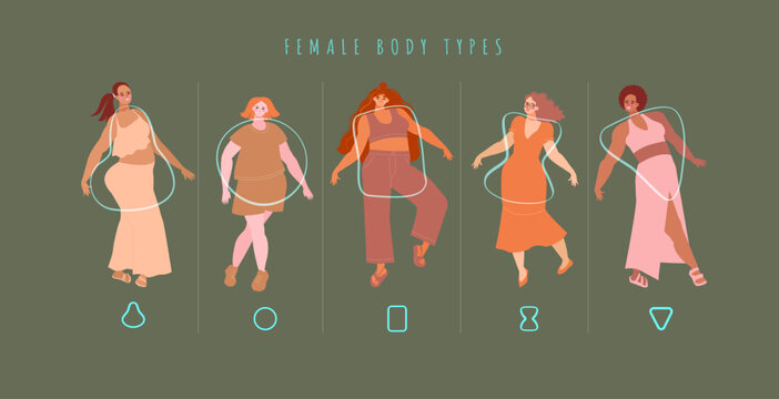 Set of full female body types circle, triangle, pear, hourglass and rectangle. Different women in swimsuits demonstrate different body shapes. Vector illustration of chubby girls with different skins 
