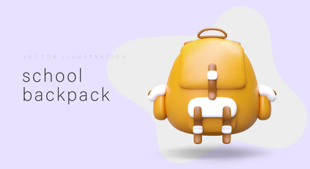 3D school backpack. Back to school. Realistic pupils bag with pockets and fasteners. Color vector banner, place for text. Template for advertising school supplies. Illustration in plasticine style