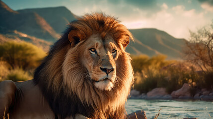 Obraz premium Generative ai illustration of a African male Lion with mountain and river