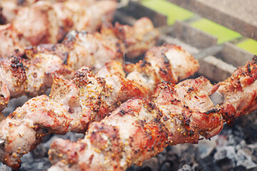 Pork is cooked in spices on the grill. Fried meat, shish kebab.