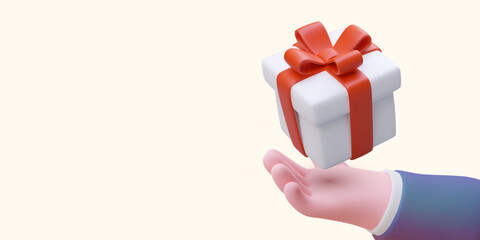 Giveaway. 3D hand holding gift box tied with ribbon. Bonus for fulfilling conditions of promotion. Congratulations to winner. Free goods. Vector banner with place for text, logo