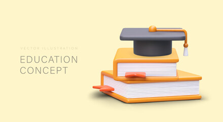 Educational concept. Stack of books with graduate hat. Poster with 3D illustration. Vector template for schools, universities, academies. Certified diplomas