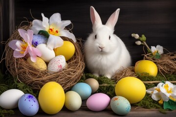 Cute Rabbit and Colored Easter Eggs. Generative AI