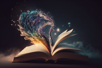 Open book with magical dust floating over it. Magical book, wisdom, fairytale. Generative AI