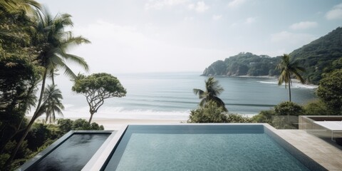Fototapeta premium Outdoor tourism landscape. Luxurious beach resort with swimming pool. Summer travel and vacation background concept. Generative AI