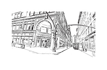 Building view with landmark of Providence is the capital city in U.S. state. Hand drawn sketch illustration in vector.