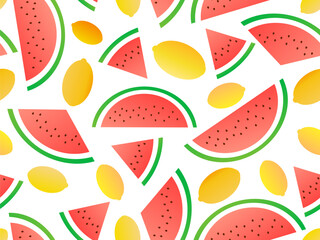 Seamless pattern with watermelon slices and lemons, gradient colors. Summer fruit mix with lemon and watermelon on a white background. Design for print, banners and posters. Vector illustration