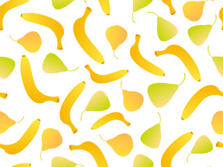 Seamless pattern with pears and bananas, gradient colors. Summer fruit mix with banana and pear on a white background. Design for print, banners and posters. Vector illustration
