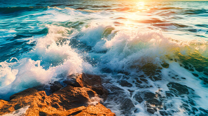 Naklejka premium A shot of a water wave hits the rocks in the sunlight made with Generative AI