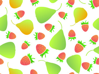 Strawberry and pear seamless pattern, gradient colors. Summer fruit mix with pears and strawberries on a white background. Design for print, wrapping and banners. Vector illustration