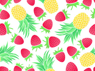 Seamless pattern with strawberry and pineapple, gradient colors. Summer fruit mix with strawberry and pineapple on white background. Design for print, banners and posters. Vector illustration