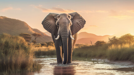 Generative ai illustration of African male elephant with mountain and river