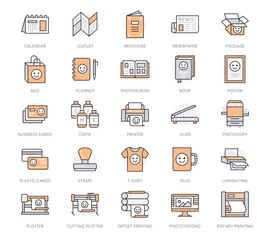 Printing house flat line icons. Print shop equipment - printer, scanner, offset machine, plotter, brochure, stamp. Thin linear signs for polygraphy office, typography. Orange color. Editable stroke