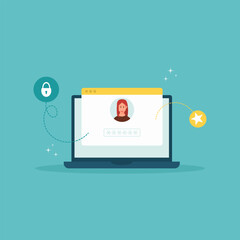 Notification with lock and password on computer screen. Vector flat style illustration.
