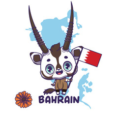 National animal oryx holding the flag of Bahrain. National flower gerbera displayed on bottom left